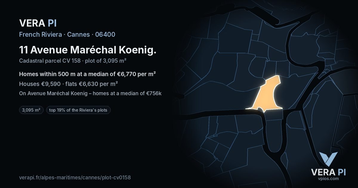 11 Avenue Maréchal Koenig, Cannes at night – the plot lit, the parcels around coloured by the prices near them