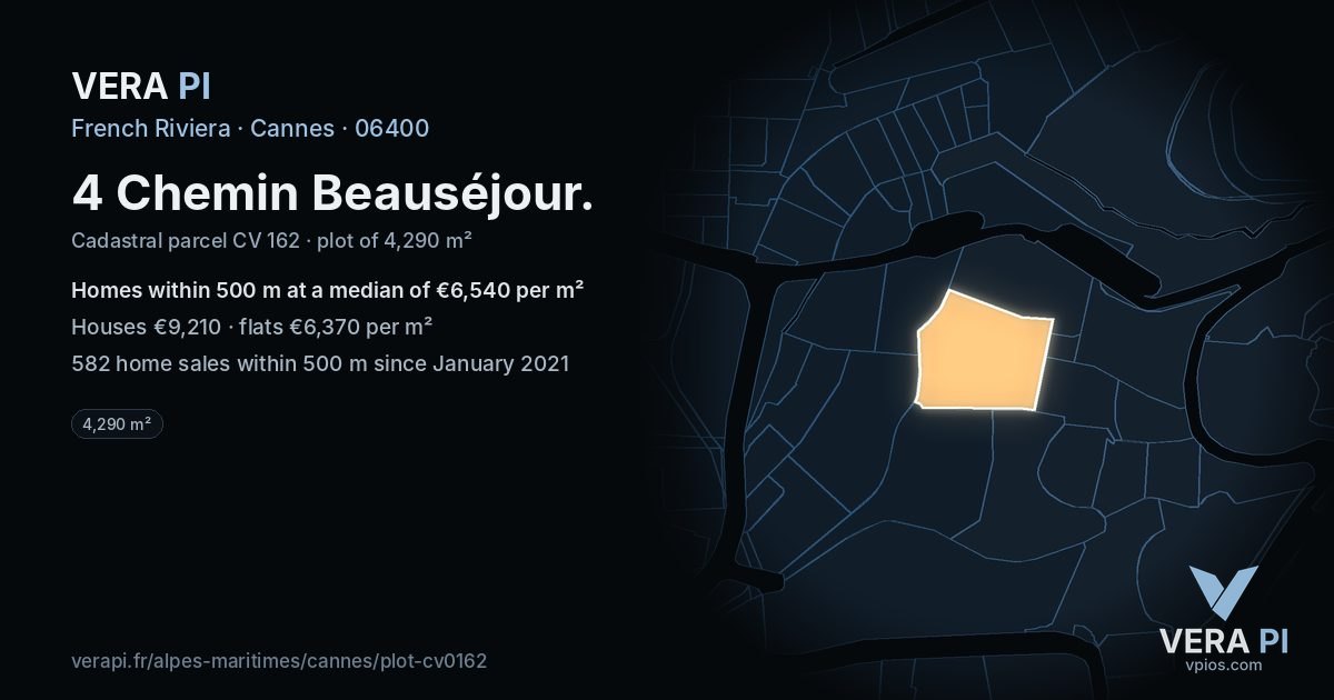 4 Chemin Beauséjour, Cannes at night – the plot lit, the parcels around coloured by the prices near them