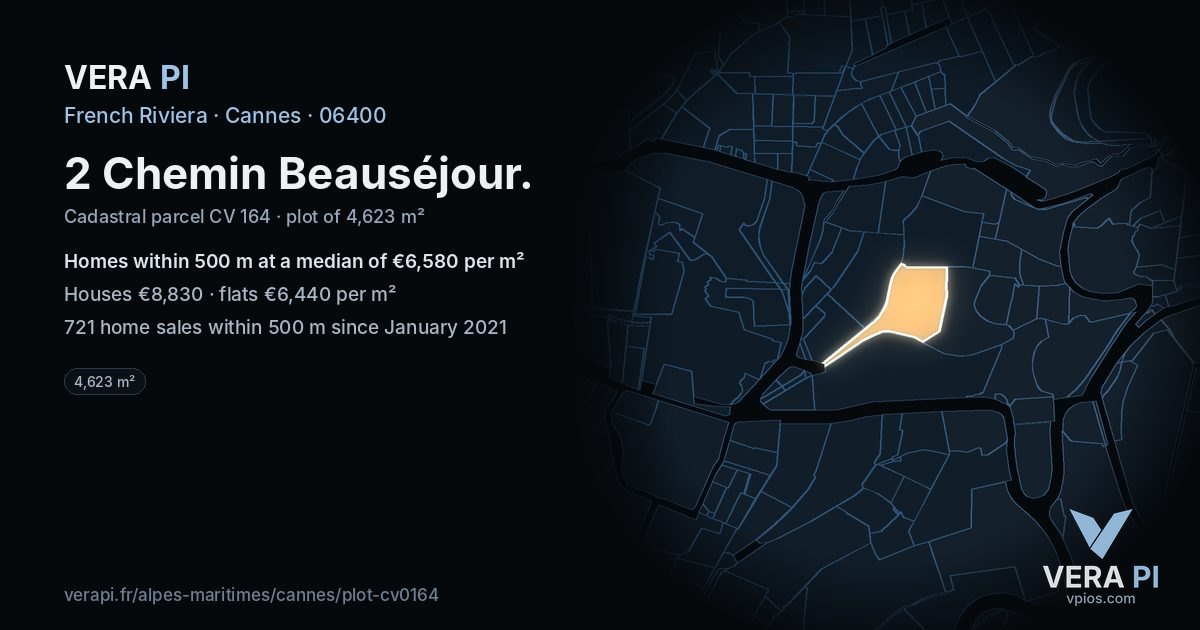 2 Chemin Beauséjour, Cannes at night – the plot lit, the parcels around coloured by the prices near them