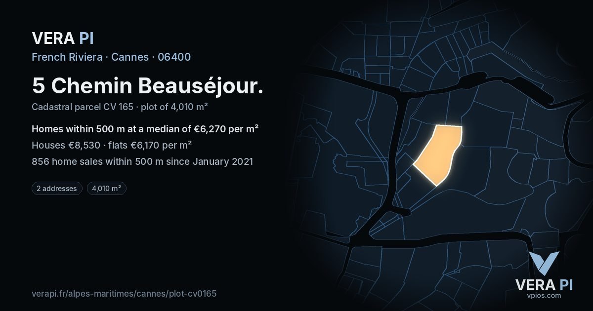 5 Chemin Beauséjour, Cannes at night – the plot lit, the parcels around coloured by the prices near them