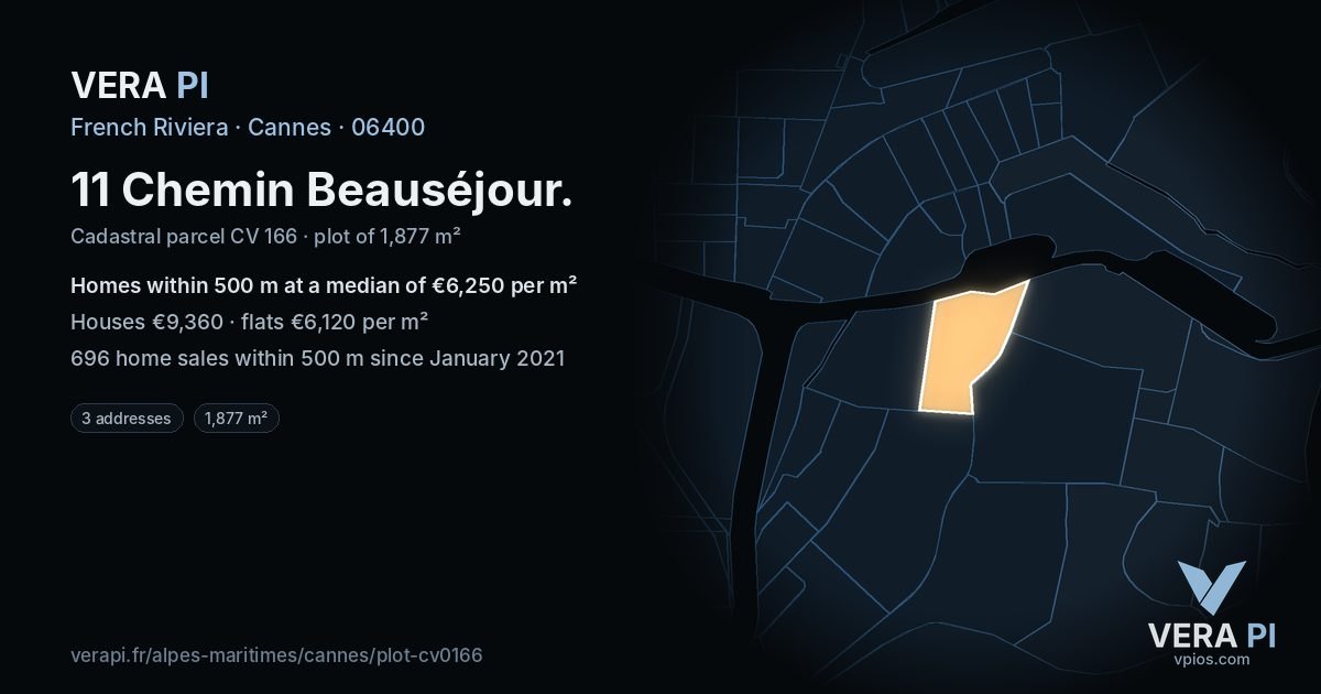 11 Chemin Beauséjour, Cannes at night – the plot lit, the parcels around coloured by the prices near them
