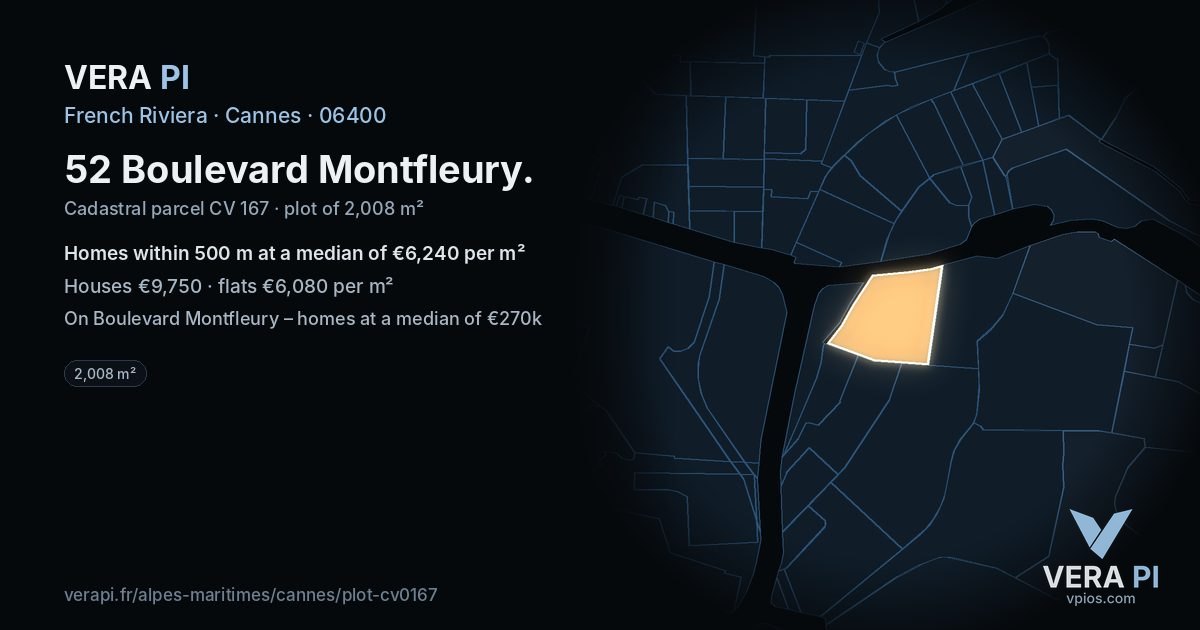 52 Boulevard Montfleury, Cannes at night – the plot lit, the parcels around coloured by the prices near them