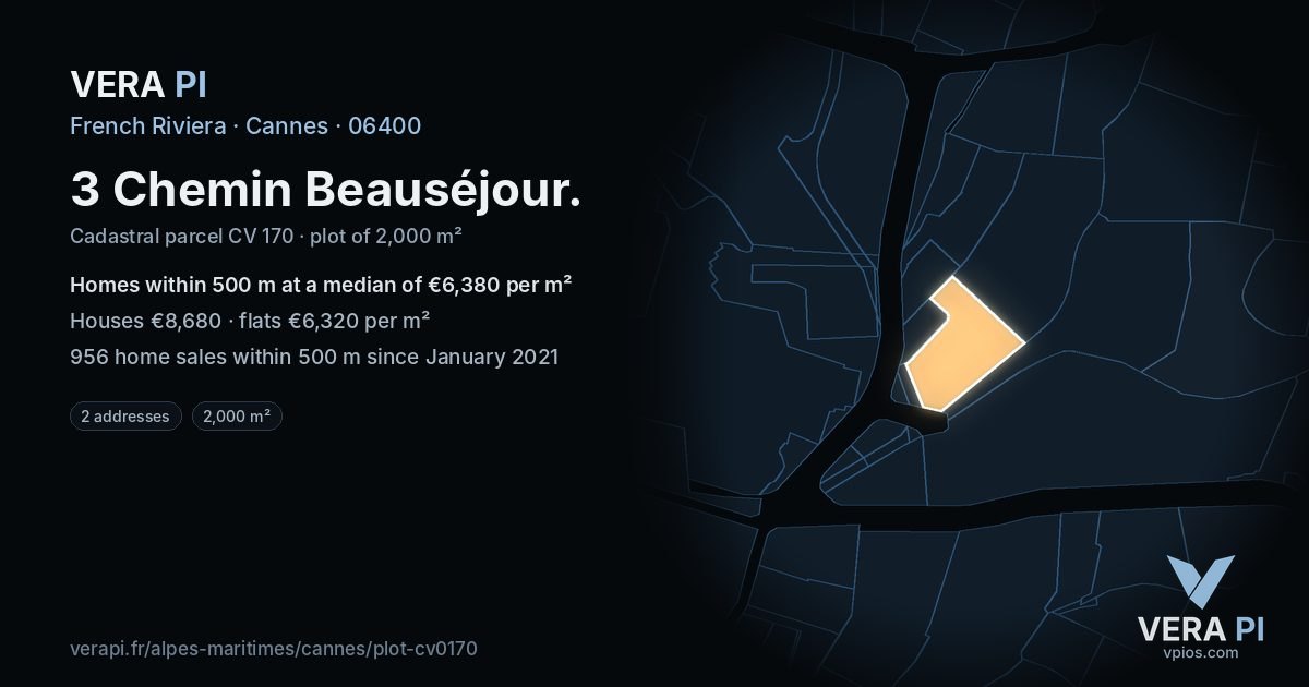 3 Chemin Beauséjour, Cannes at night – the plot lit, the parcels around coloured by the prices near them