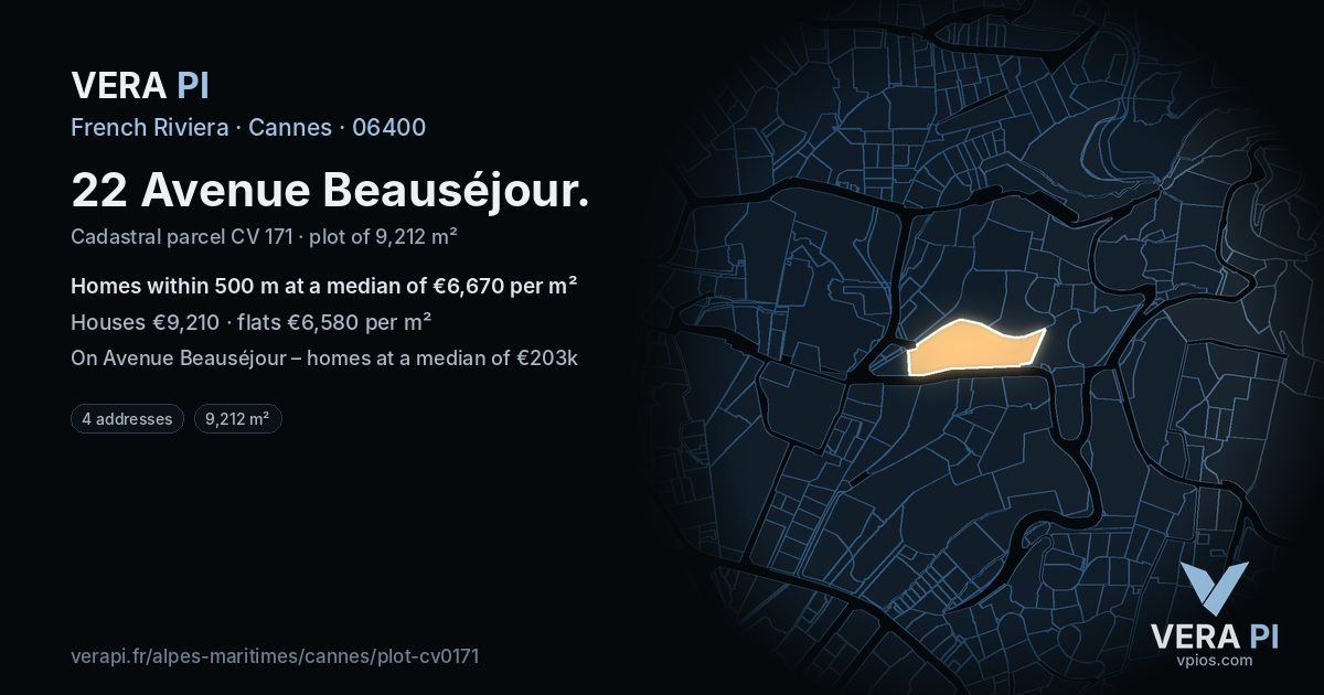22 Avenue Beauséjour, Cannes at night – the plot lit, the parcels around coloured by the prices near them