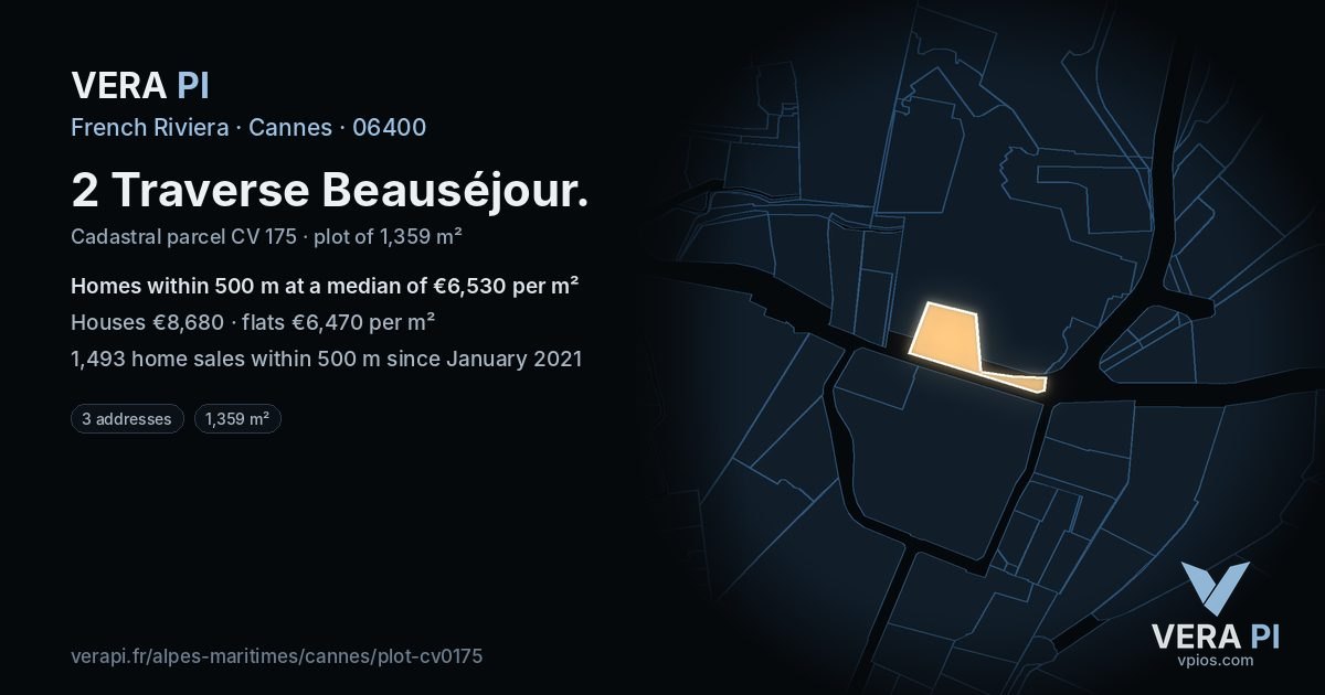 2 Traverse Beauséjour, Cannes at night – the plot lit, the parcels around coloured by the prices near them