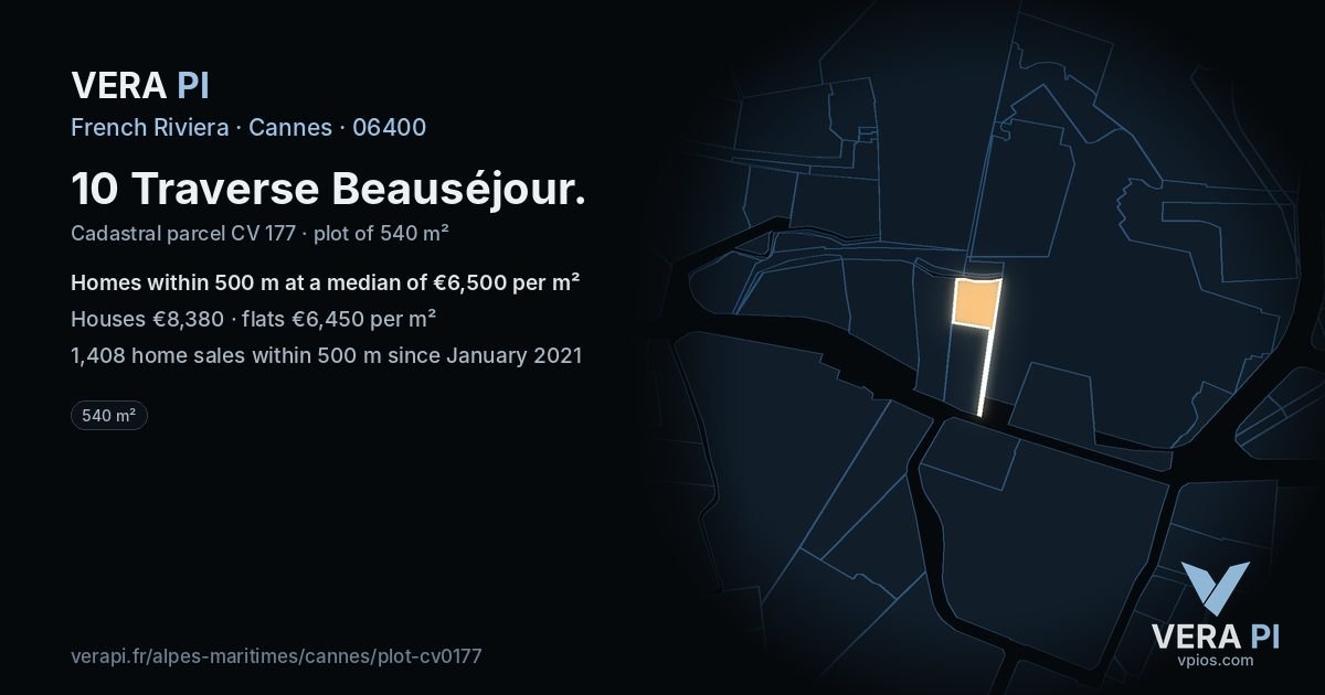 10 Traverse Beauséjour, Cannes at night – the plot lit, the parcels around coloured by the prices near them