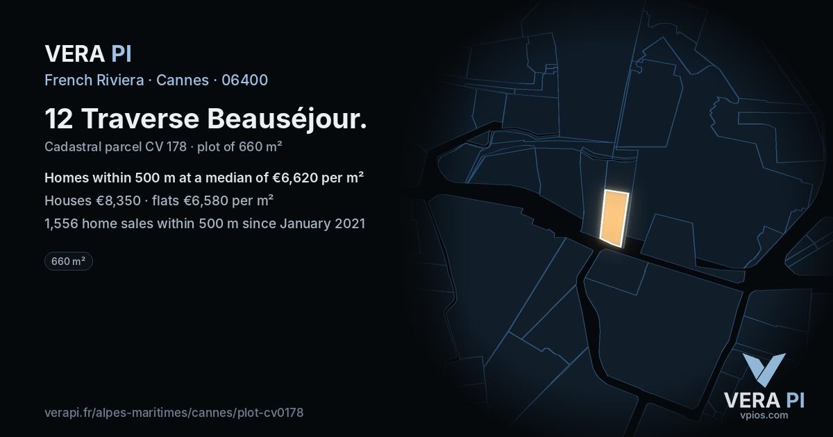 12 Traverse Beauséjour, Cannes at night – the plot lit, the parcels around coloured by the prices near them