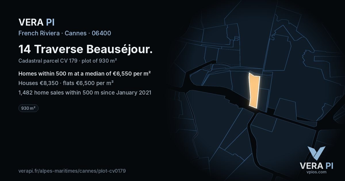 14 Traverse Beauséjour, Cannes at night – the plot lit, the parcels around coloured by the prices near them