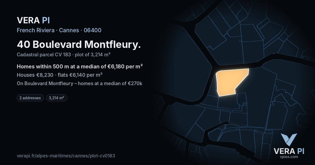 40 Boulevard Montfleury, Cannes at night – the plot lit, the parcels around coloured by the prices near them