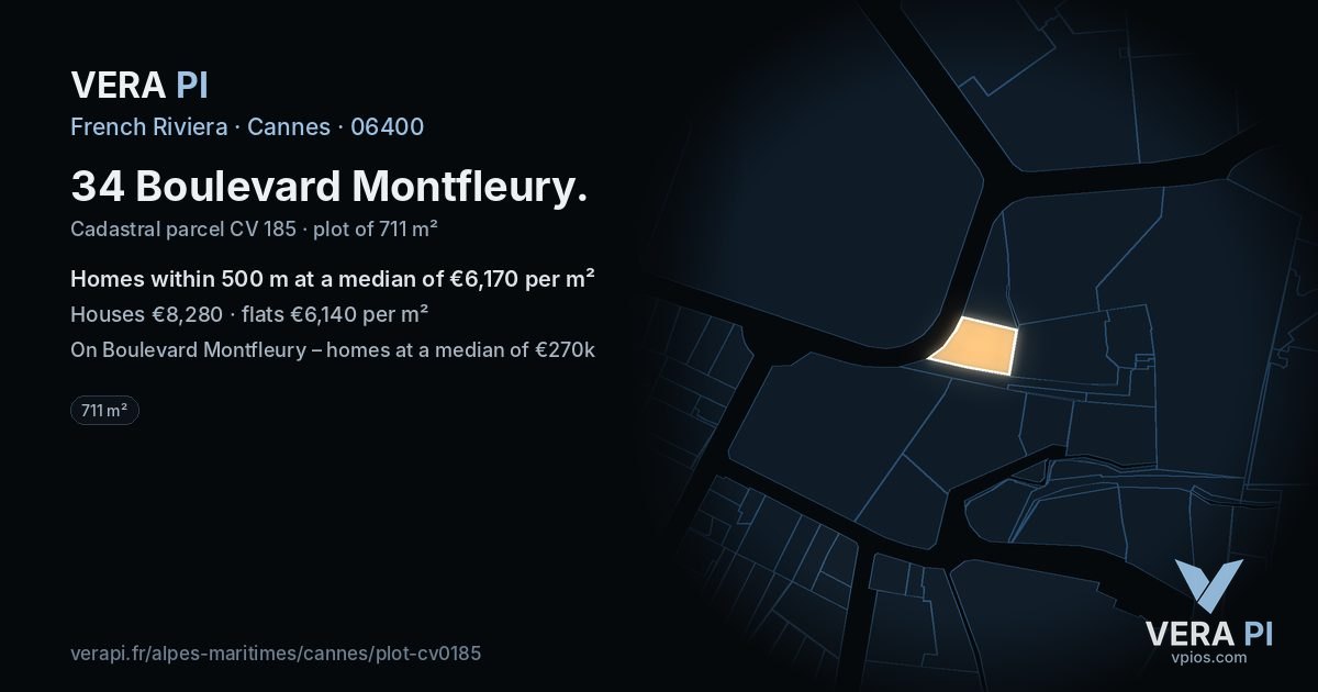 34 Boulevard Montfleury, Cannes at night – the plot lit, the parcels around coloured by the prices near them