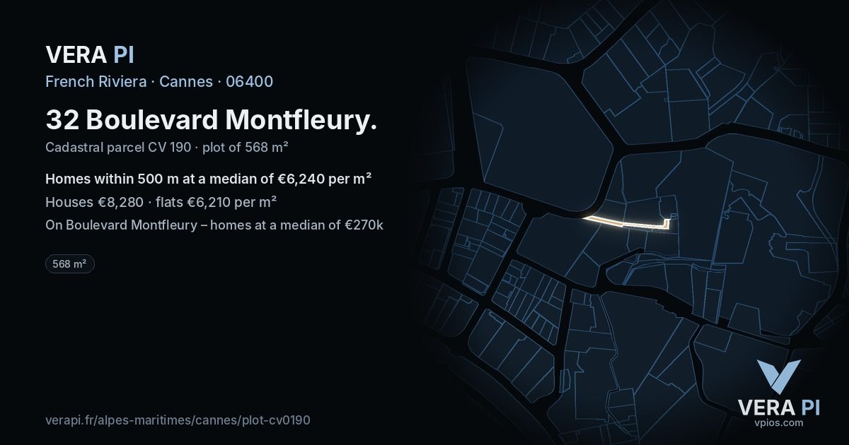 32 Boulevard Montfleury, Cannes at night – the plot lit, the parcels around coloured by the prices near them