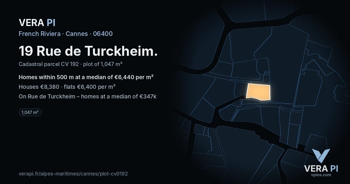 19 Rue de Turckheim, Cannes at night – the plot lit, the parcels around coloured by the prices near them