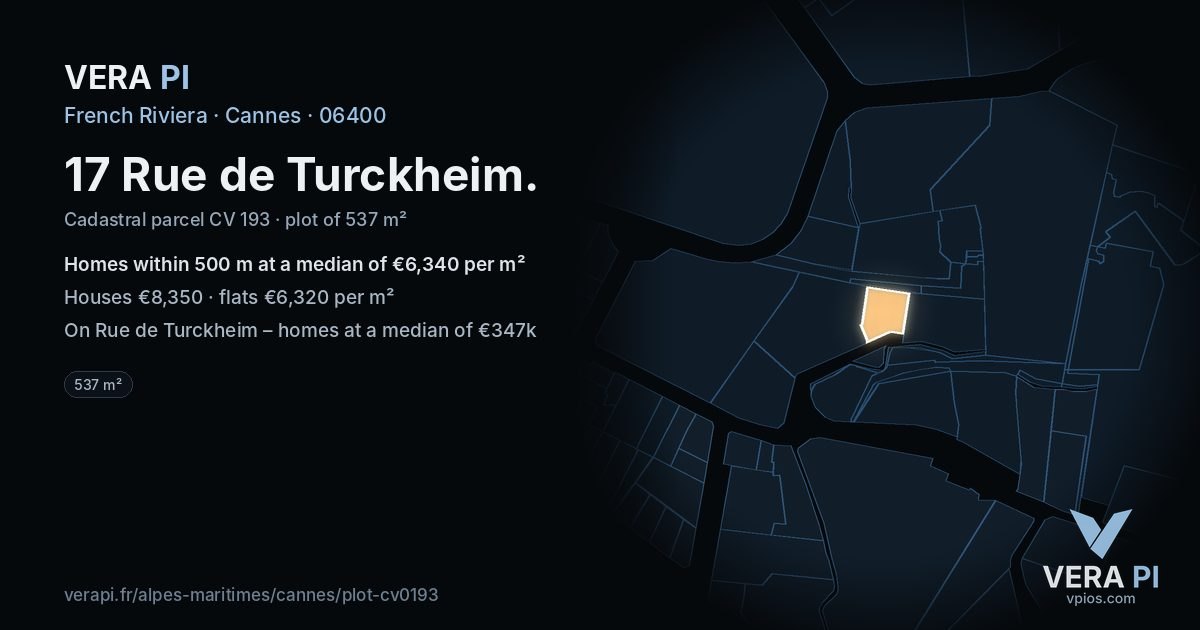 17 Rue de Turckheim, Cannes at night – the plot lit, the parcels around coloured by the prices near them