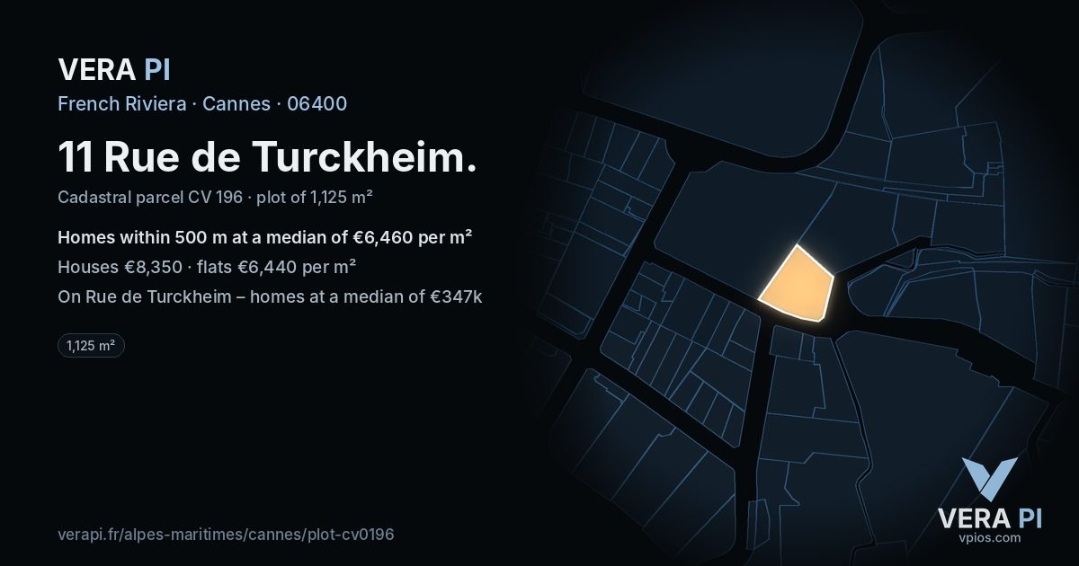 11 Rue de Turckheim, Cannes at night – the plot lit, the parcels around coloured by the prices near them