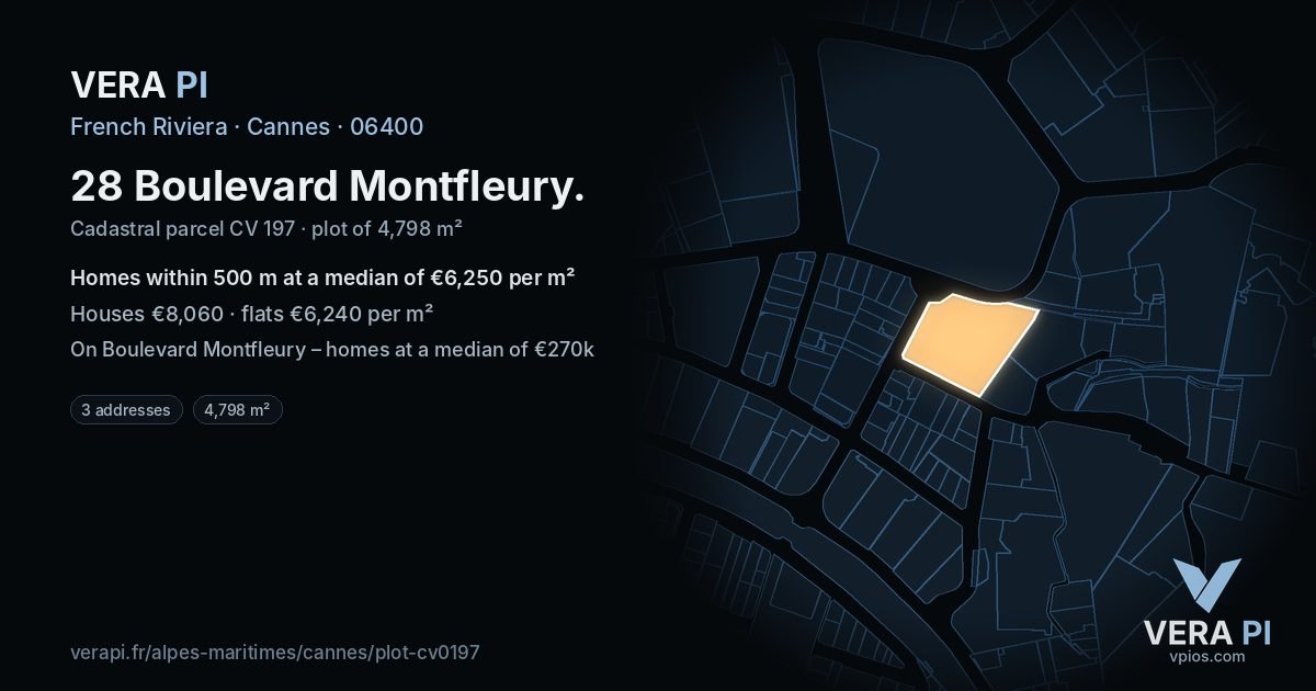 28 Boulevard Montfleury, Cannes at night – the plot lit, the parcels around coloured by the prices near them
