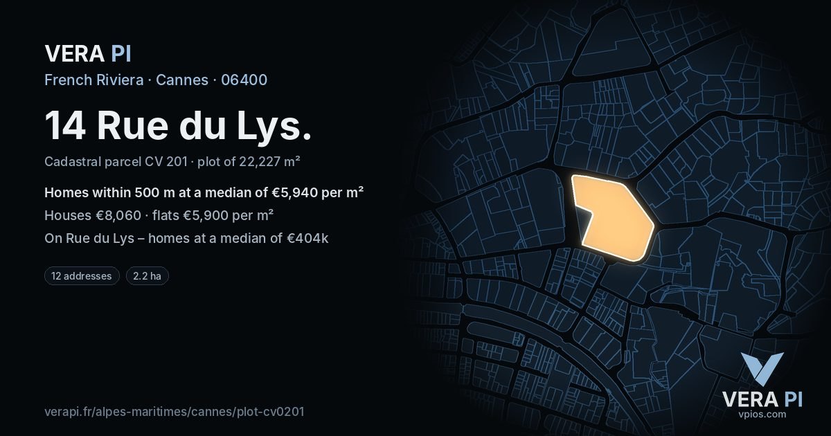 14 Rue du Lys, Cannes at night – the plot lit, the parcels around coloured by the prices near them