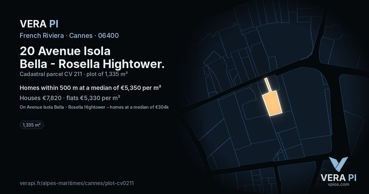 20 Avenue Isola Bella - Rosella Hightower, Cannes at night – the plot lit, the parcels around coloured by the prices near them