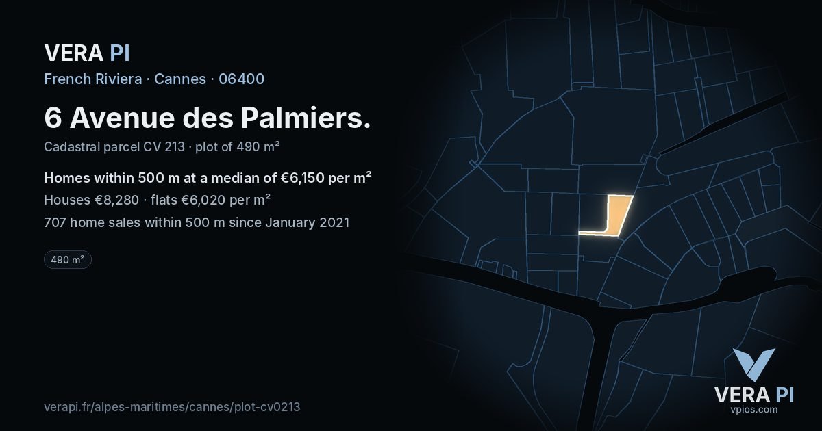 6 Avenue des Palmiers, Cannes at night – the plot lit, the parcels around coloured by the prices near them