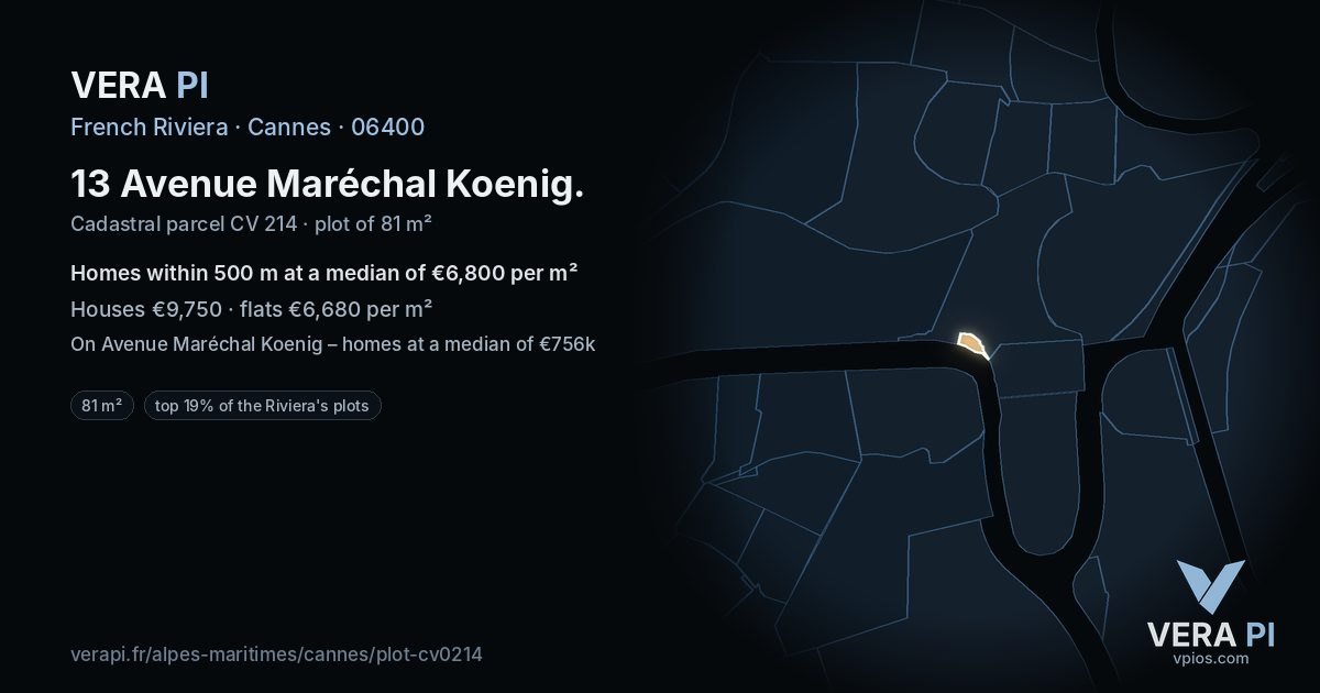 13 Avenue Maréchal Koenig, Cannes at night – the plot lit, the parcels around coloured by the prices near them
