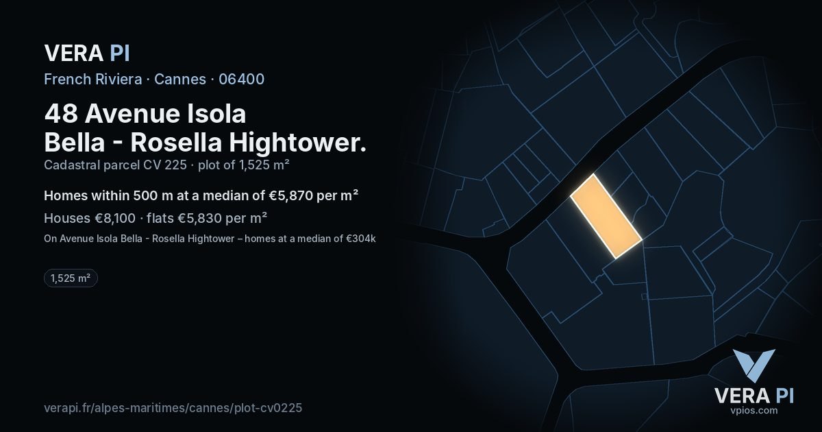 48 Avenue Isola Bella - Rosella Hightower, Cannes at night – the plot lit, the parcels around coloured by the prices near them