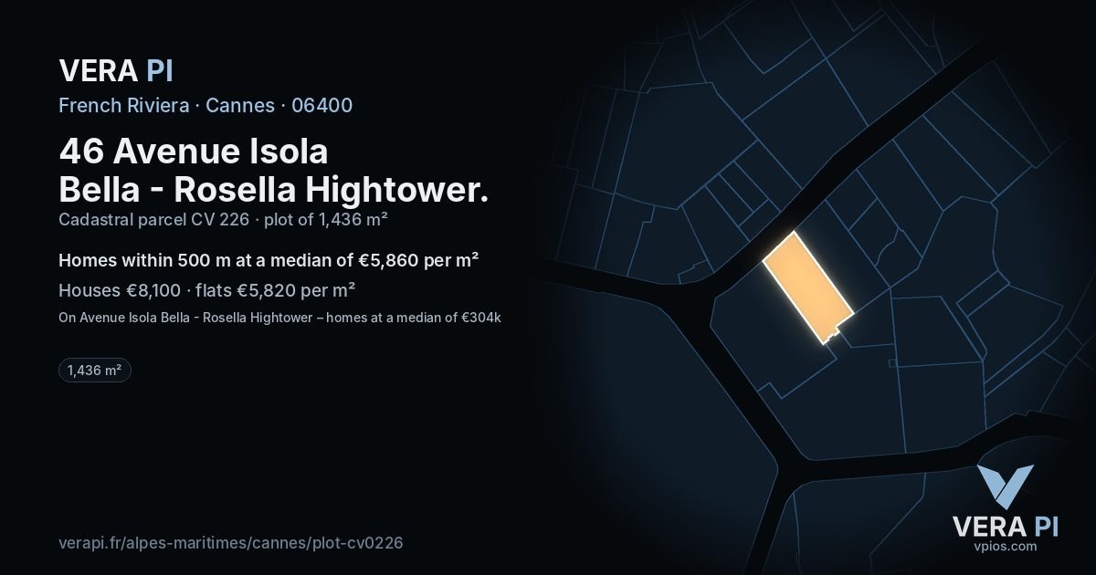 46 Avenue Isola Bella - Rosella Hightower, Cannes at night – the plot lit, the parcels around coloured by the prices near them