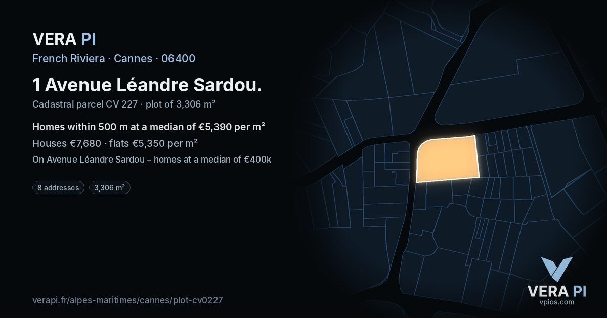 1 Avenue Léandre Sardou, Cannes at night – the plot lit, the parcels around coloured by the prices near them