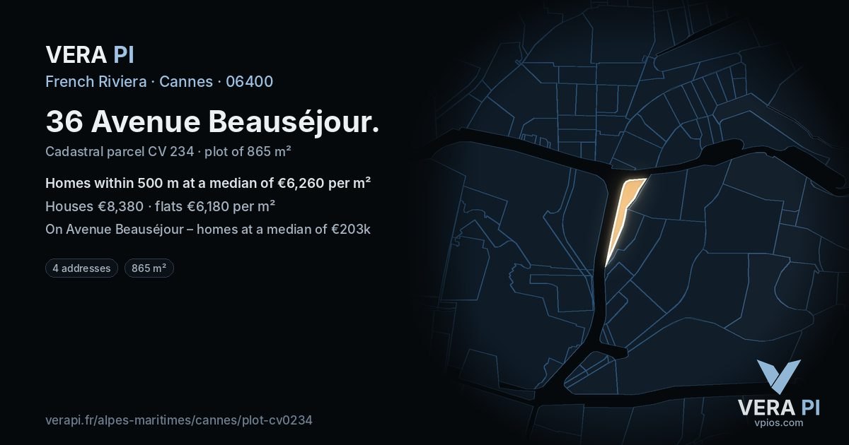 36 Avenue Beauséjour, Cannes at night – the plot lit, the parcels around coloured by the prices near them