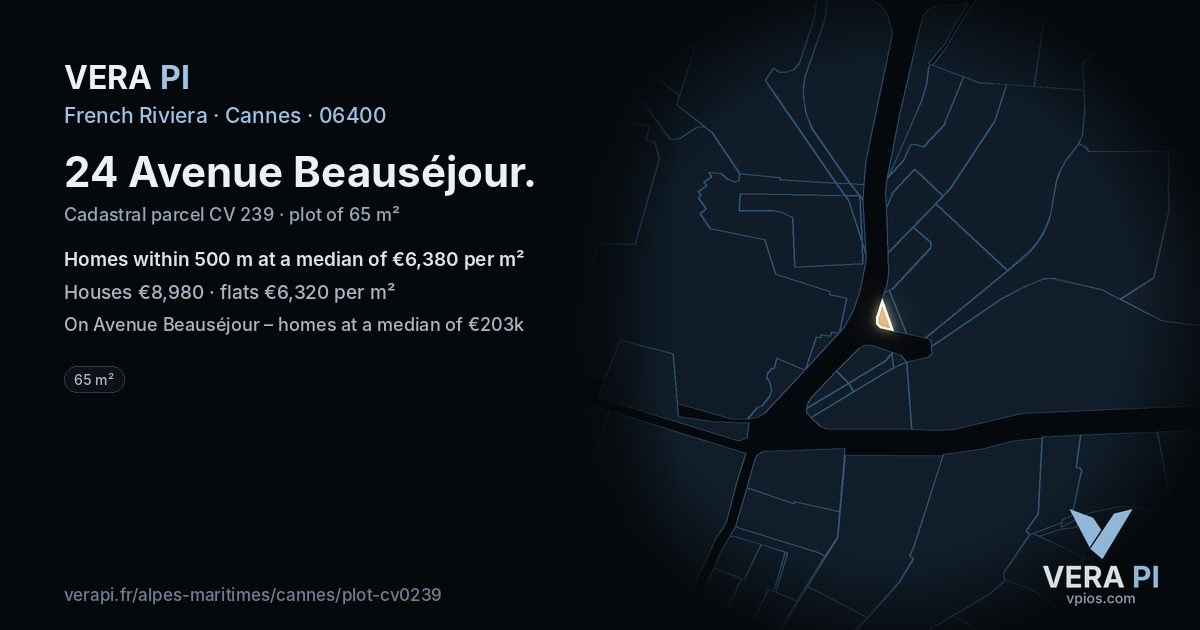 24 Avenue Beauséjour, Cannes at night – the plot lit, the parcels around coloured by the prices near them