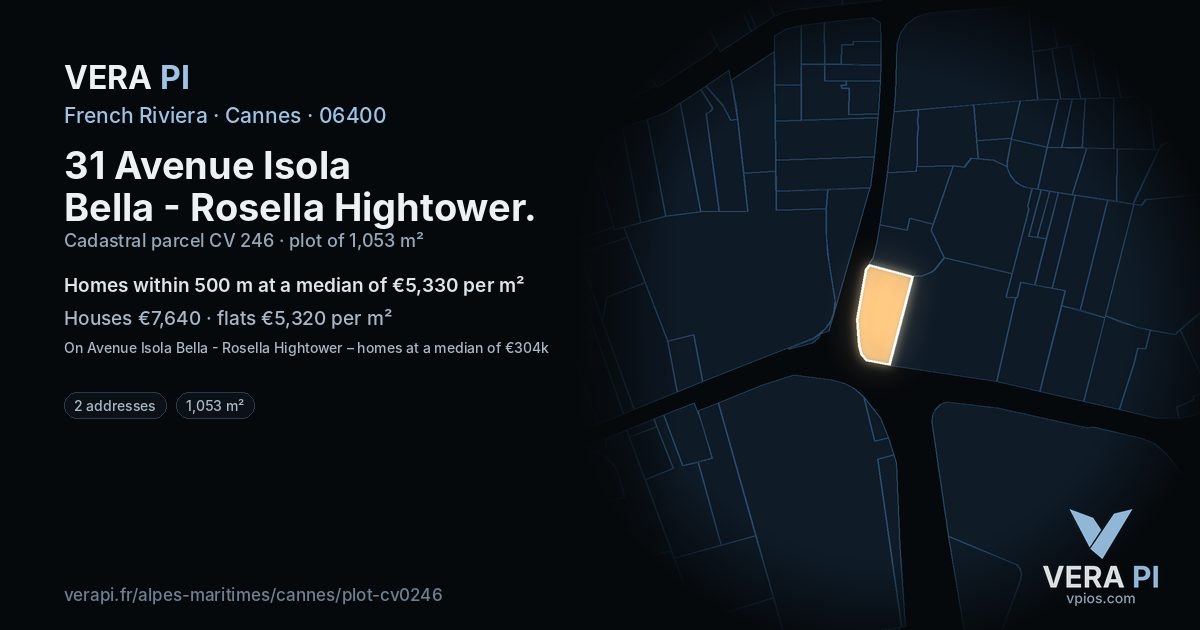 31 Avenue Isola Bella - Rosella Hightower, Cannes at night – the plot lit, the parcels around coloured by the prices near them