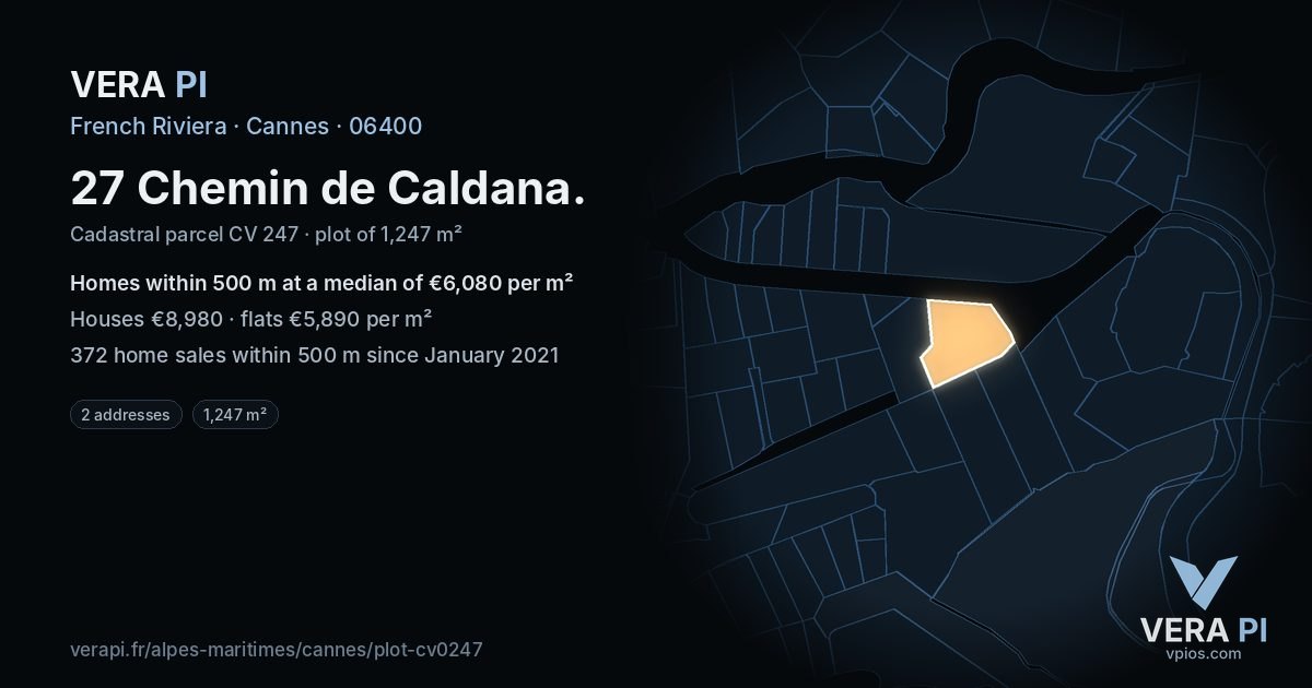 27 Chemin de Caldana, Cannes at night – the plot lit, the parcels around coloured by the prices near them