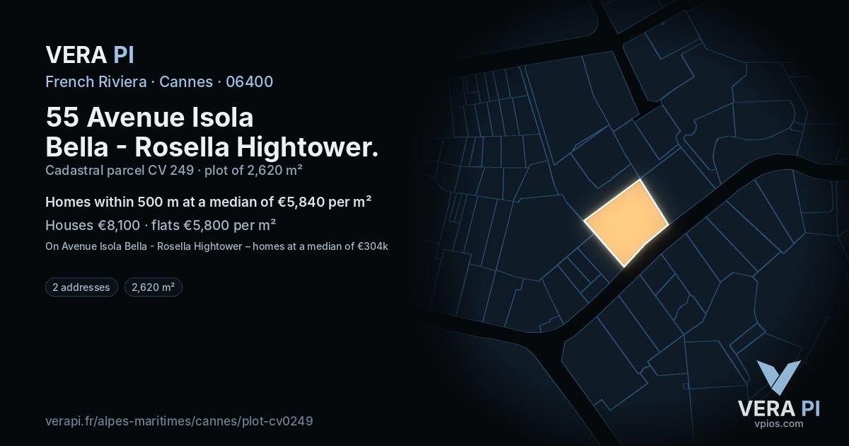 55 Avenue Isola Bella - Rosella Hightower, Cannes at night – the plot lit, the parcels around coloured by the prices near them