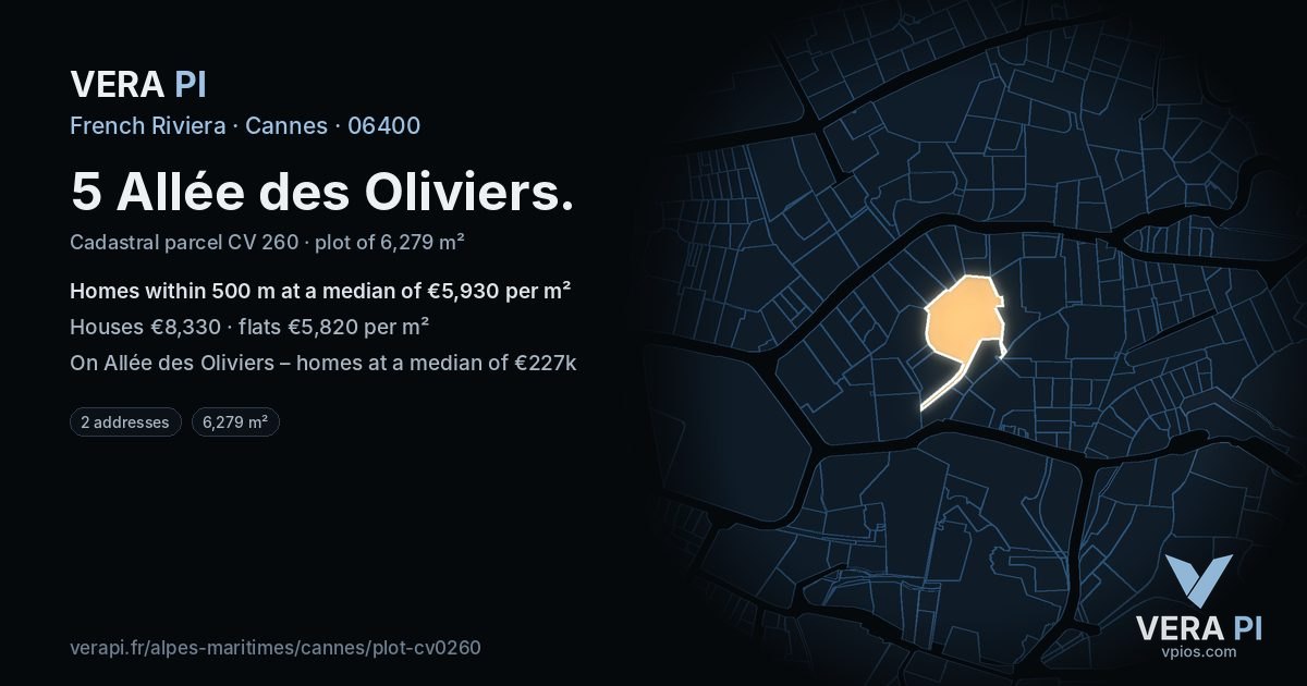 5 Allée des Oliviers, Cannes at night – the plot lit, the parcels around coloured by the prices near them