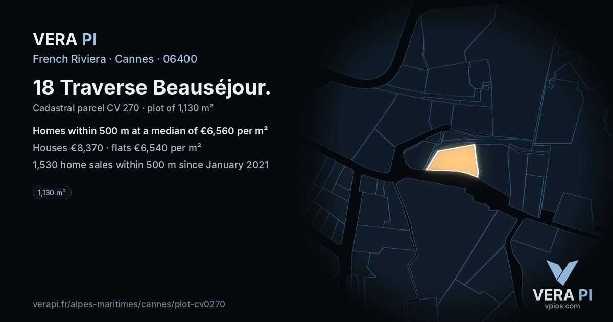 18 Traverse Beauséjour, Cannes at night – the plot lit, the parcels around coloured by the prices near them