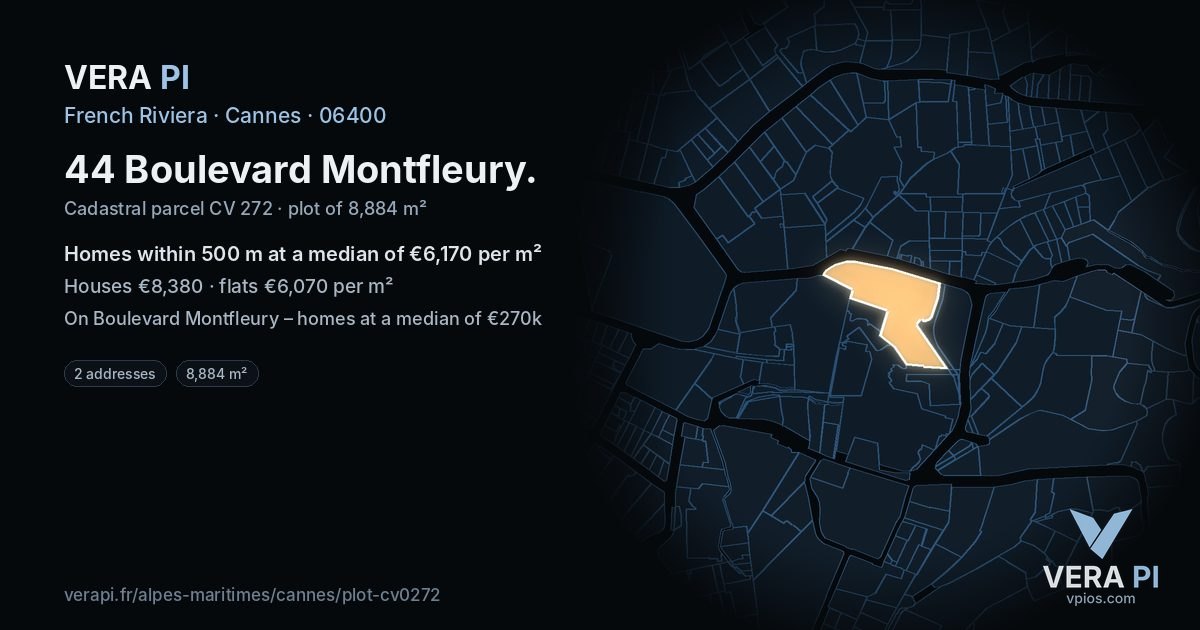 44 Boulevard Montfleury, Cannes at night – the plot lit, the parcels around coloured by the prices near them