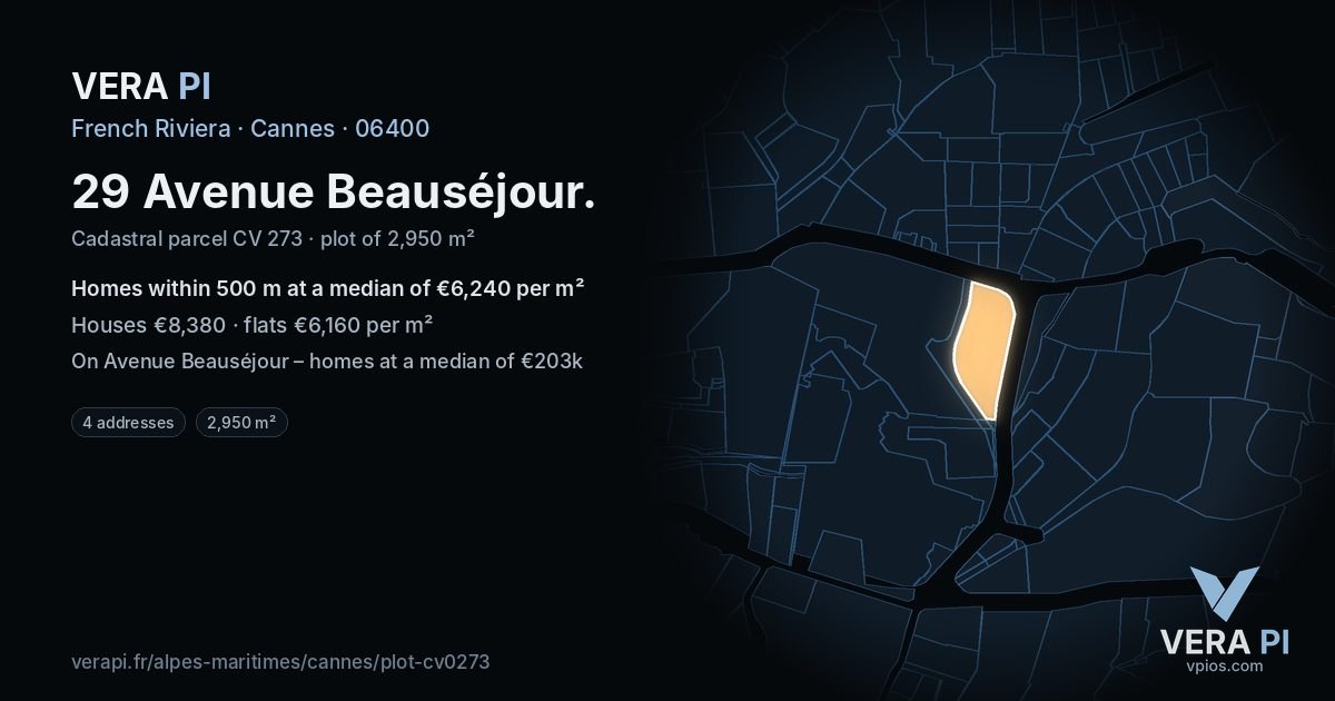 29 Avenue Beauséjour, Cannes at night – the plot lit, the parcels around coloured by the prices near them