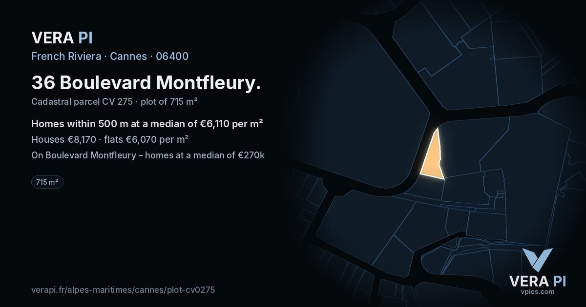 36 Boulevard Montfleury, Cannes at night – the plot lit, the parcels around coloured by the prices near them