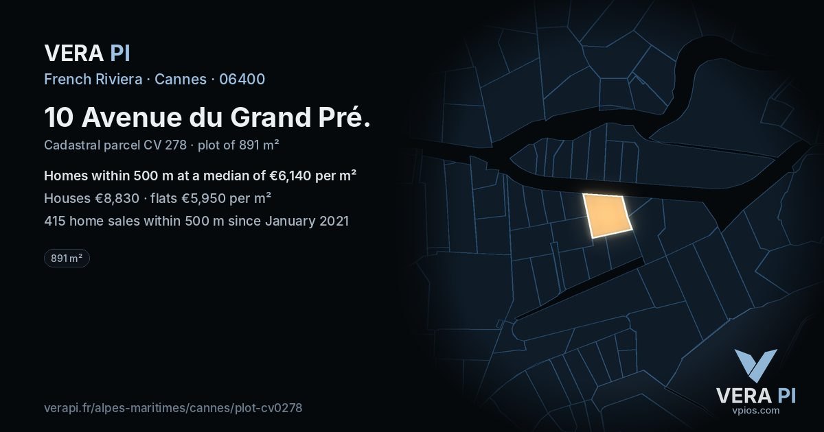 10 Avenue du Grand Pré, Cannes at night – the plot lit, the parcels around coloured by the prices near them
