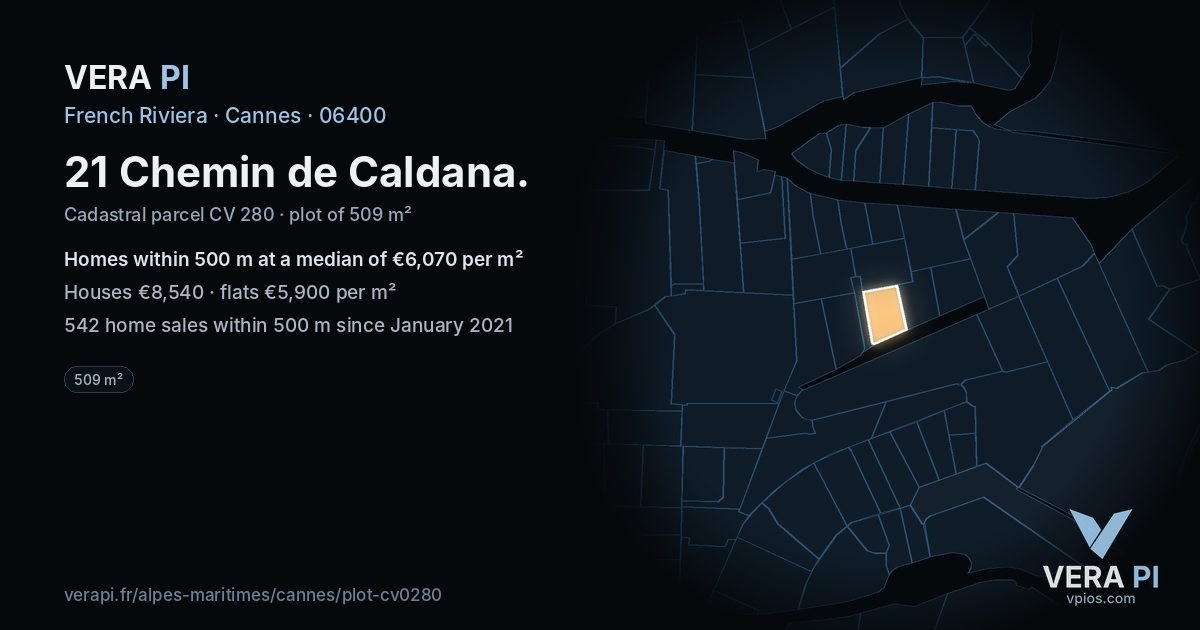 21 Chemin de Caldana, Cannes at night – the plot lit, the parcels around coloured by the prices near them
