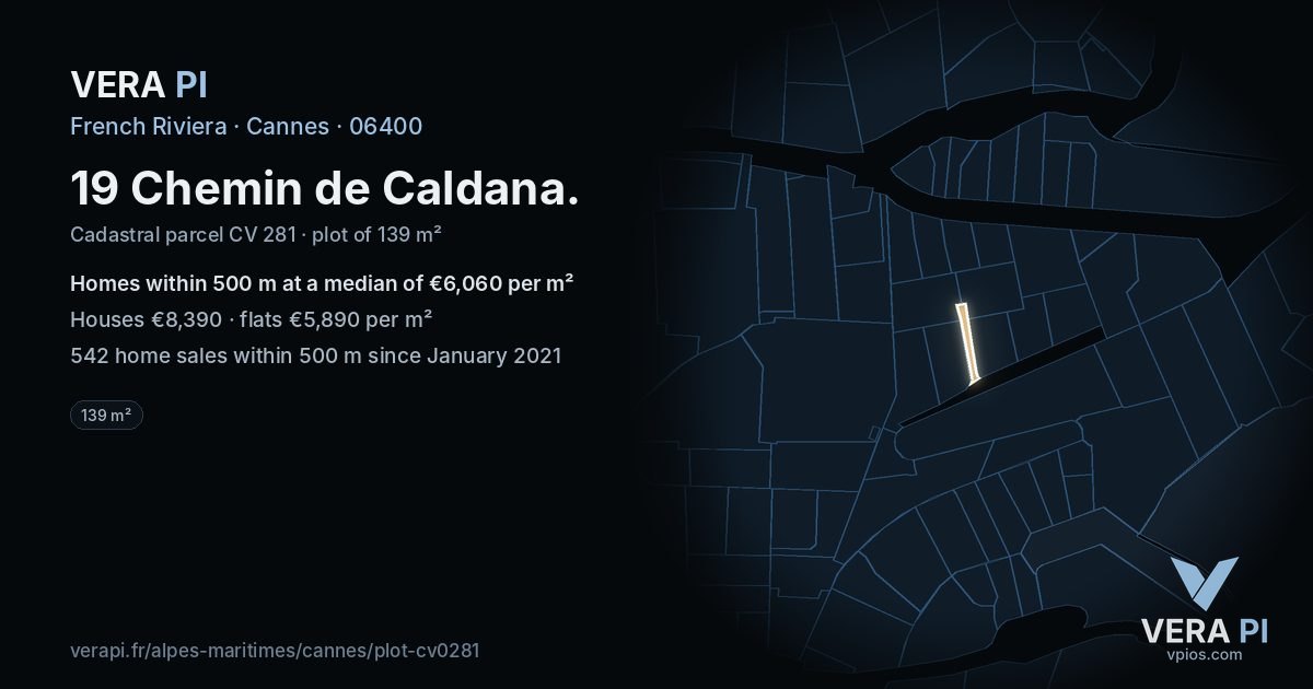 19 Chemin de Caldana, Cannes at night – the plot lit, the parcels around coloured by the prices near them