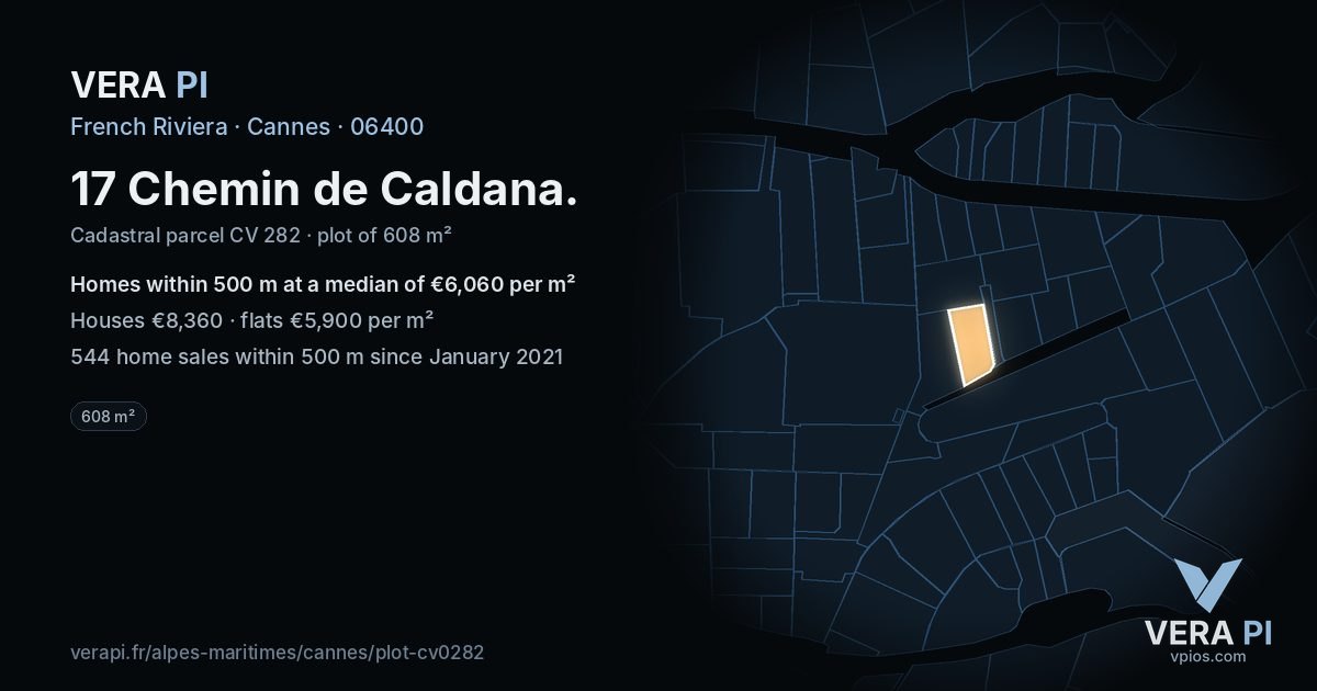 17 Chemin de Caldana, Cannes at night – the plot lit, the parcels around coloured by the prices near them