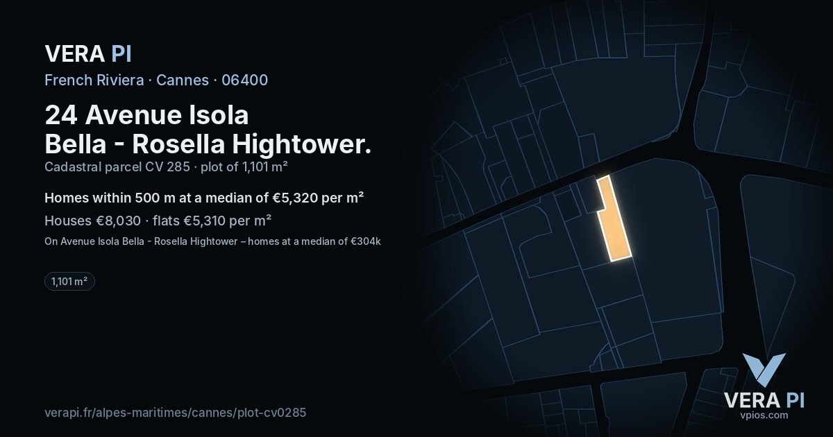 24 Avenue Isola Bella - Rosella Hightower, Cannes at night – the plot lit, the parcels around coloured by the prices near them