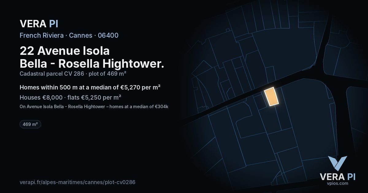 22 Avenue Isola Bella - Rosella Hightower, Cannes at night – the plot lit, the parcels around coloured by the prices near them