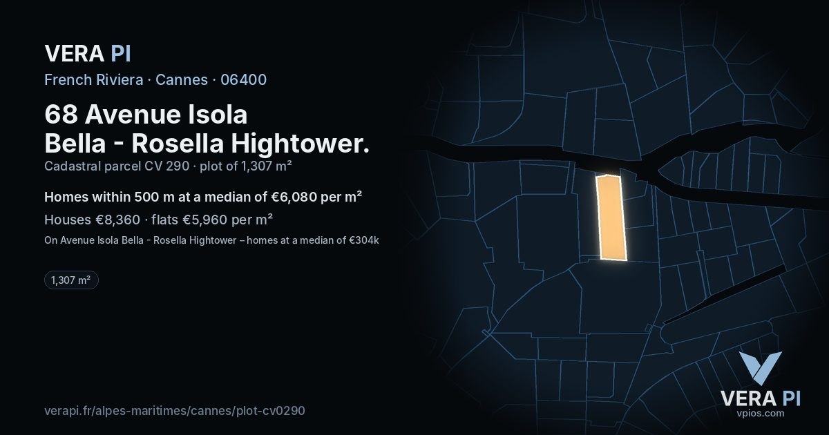 68 Avenue Isola Bella - Rosella Hightower, Cannes at night – the plot lit, the parcels around coloured by the prices near them