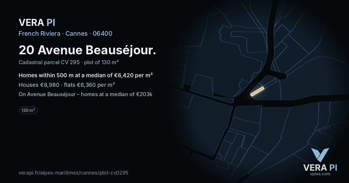 20 Avenue Beauséjour, Cannes at night – the plot lit, the parcels around coloured by the prices near them