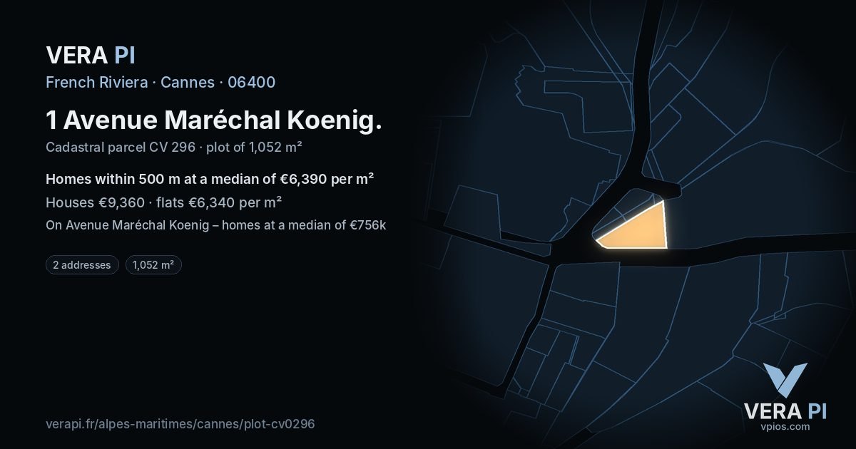 1 Avenue Maréchal Koenig, Cannes at night – the plot lit, the parcels around coloured by the prices near them