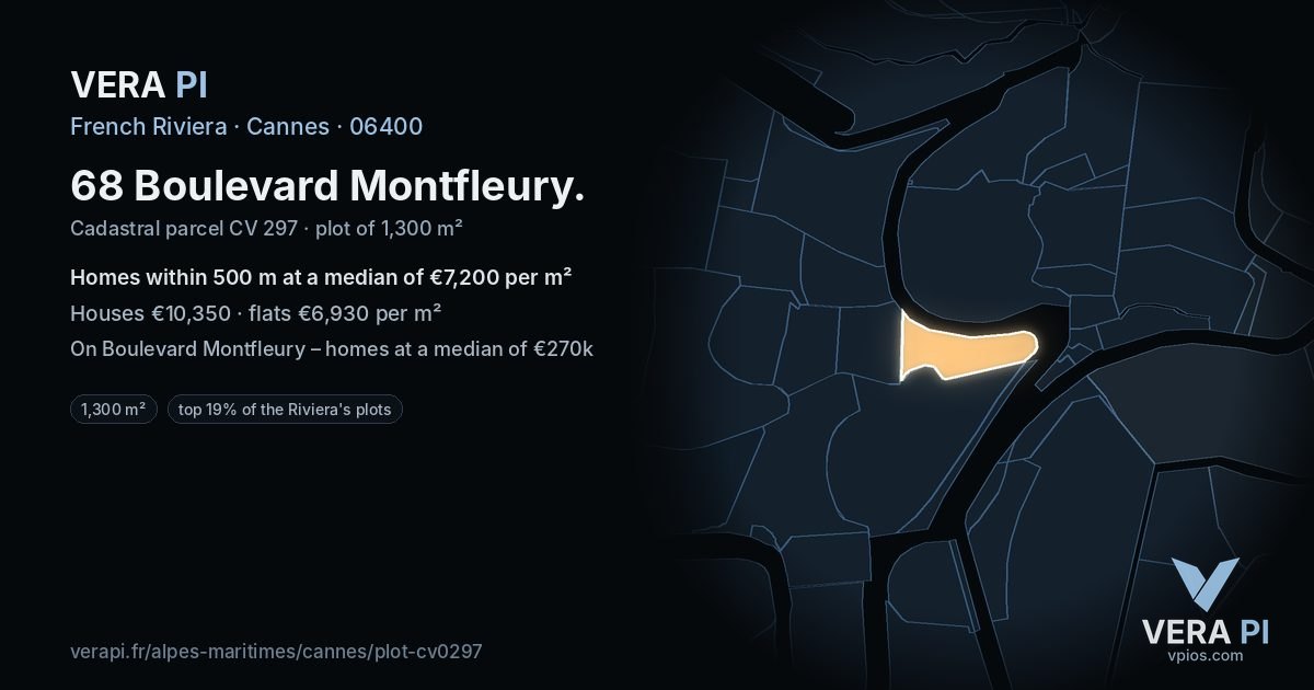 68 Boulevard Montfleury, Cannes at night – the plot lit, the parcels around coloured by the prices near them