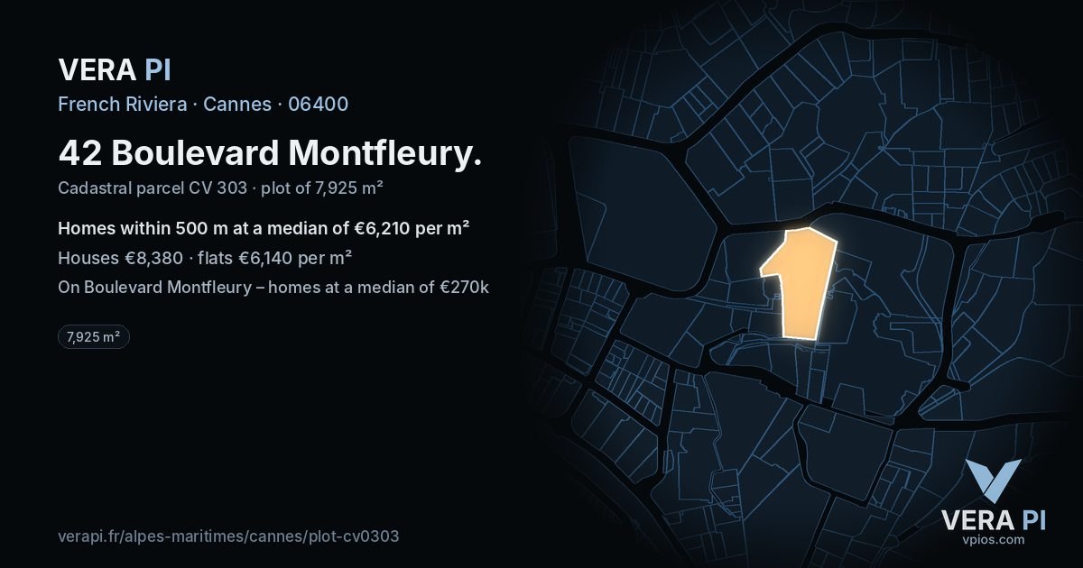 42 Boulevard Montfleury, Cannes at night – the plot lit, the parcels around coloured by the prices near them