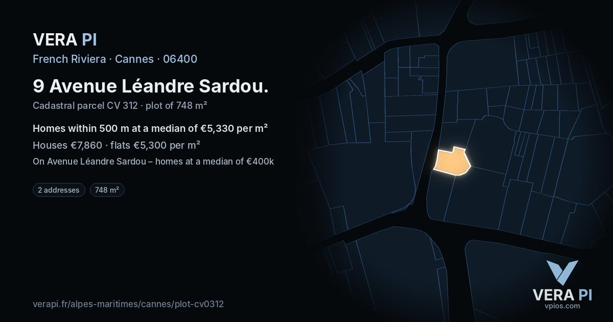9 Avenue Léandre Sardou, Cannes at night – the plot lit, the parcels around coloured by the prices near them