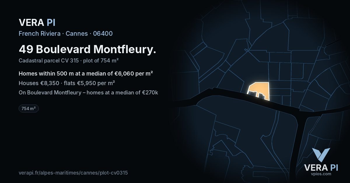 49 Boulevard Montfleury, Cannes at night – the plot lit, the parcels around coloured by the prices near them