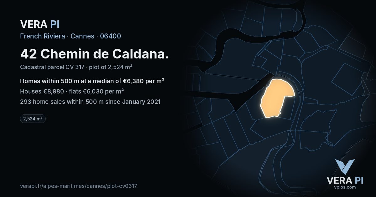 42 Chemin de Caldana, Cannes at night – the plot lit, the parcels around coloured by the prices near them